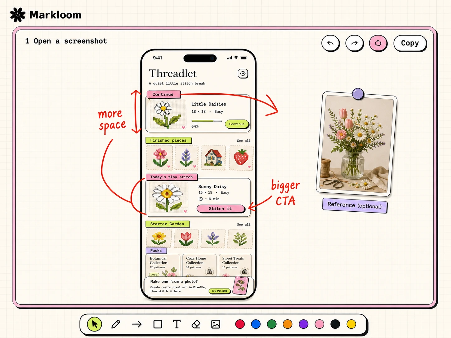 A Markloom board matching the real UI, with a mobile screenshot, red handwritten design notes, bottom tool tray, and Copy button.