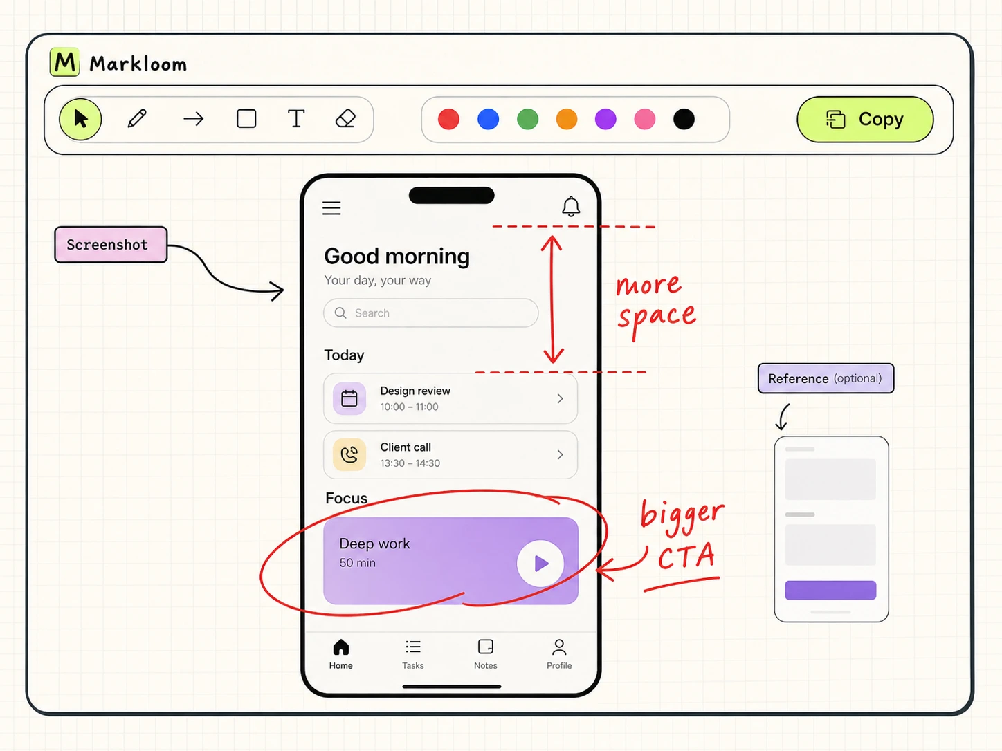 A Markloom board with one mobile screenshot, red handwritten design notes, a text tool, and a Copy button.
